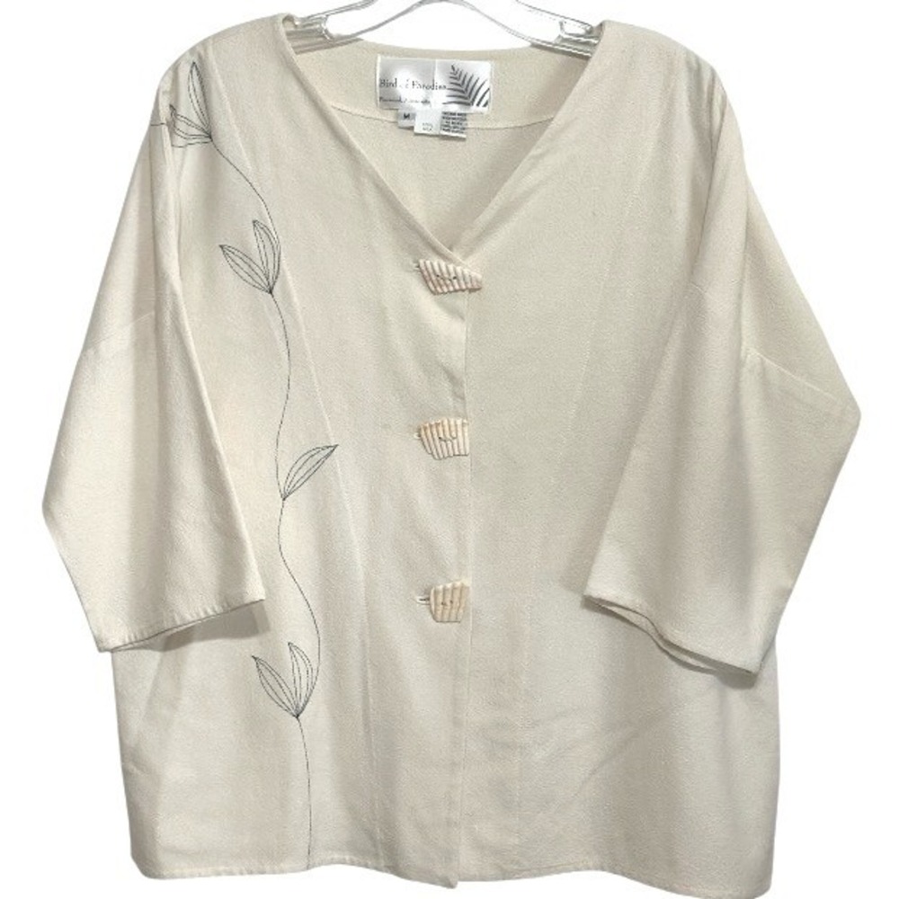 Bird of Paradise 100% Silk Jacket Made in USA Boxy Kimono-Style Top Neutral M/L